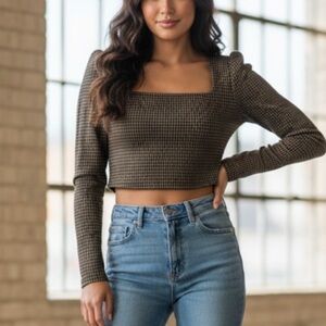 House of Harlow 1960 Houndstooth Crop Plaid Top